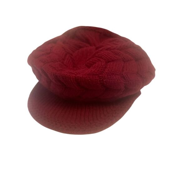 Burgundy Braided Knit Beanie With Visor Brim Warm Winter Hat - Picture 2 of 7
